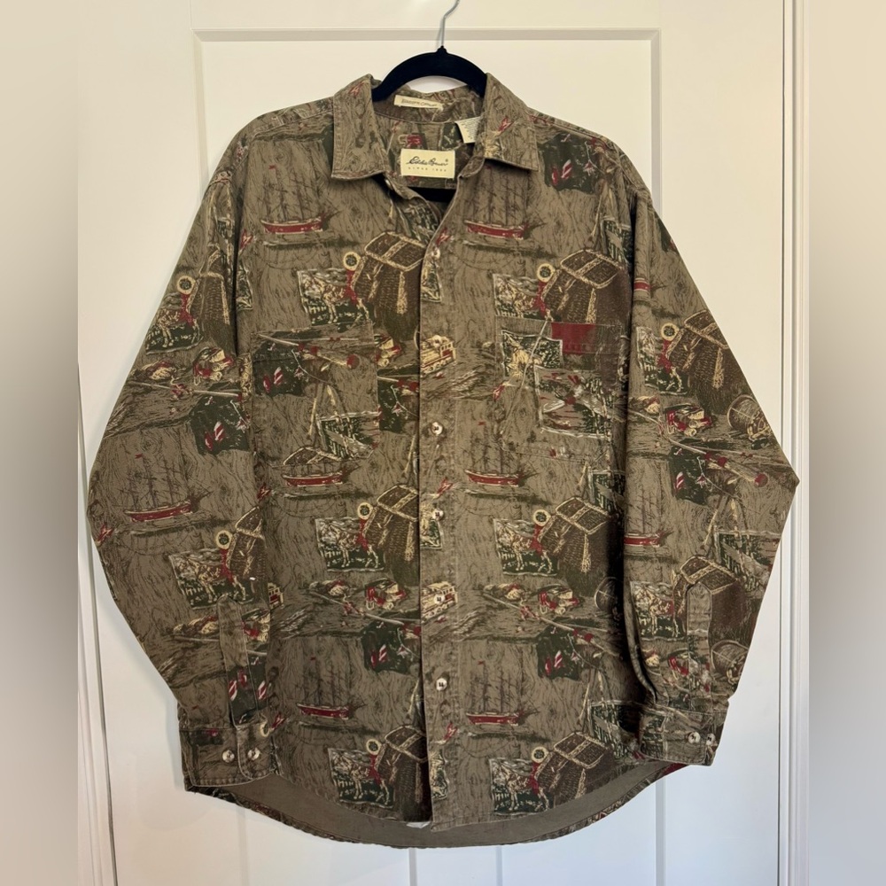 Eddie Bauer Vintage Elkhorn Canvas Button Down Shirt Jacket Green Size L